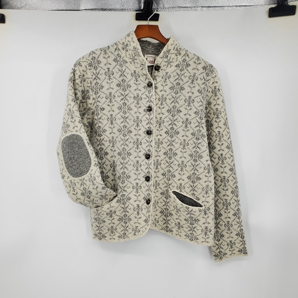 Sundance Lambswool Fair Isle Cardigan Jacket Ivory Grey Elbow Patches Large